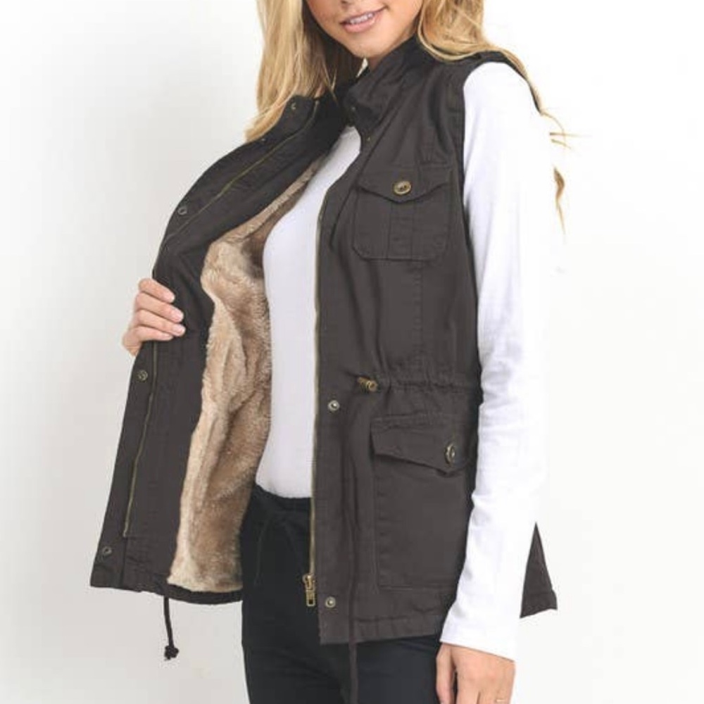 Faux Fur Lined Utility Vest with Drawstring